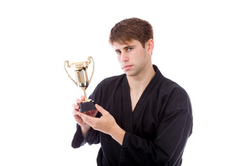 model isolated on white holding a trophee