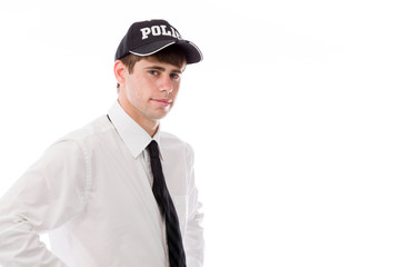 model isolated on plain background pround confident hands on hip