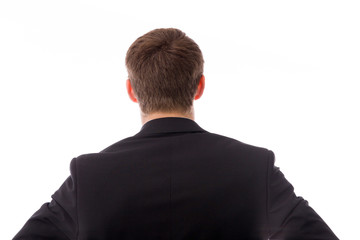 model isolated on plain background back hands on hips