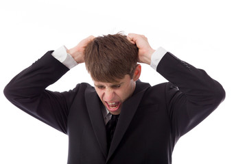 model isolated on plain background stressed upset pulling hairs