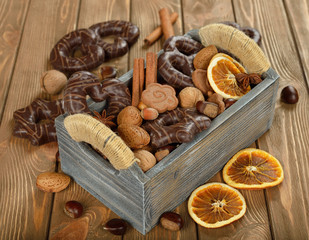 Chocolate gingerbread, cookies and nuts