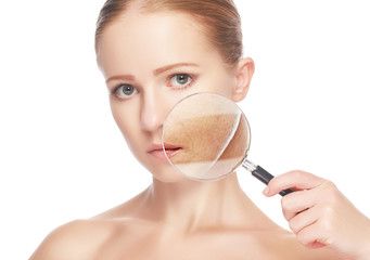 concept skincare. Skin of beauty woman with magnifier