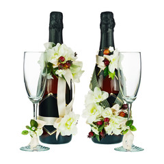 Champagne Bottles with Glass and Wedding Decoration of Flower Ar