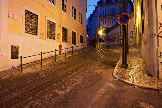 Calcada da Gloria Street at Night in Lisbon