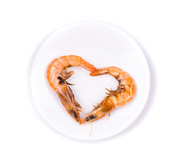 Fresh prawns in heart symbol