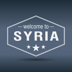 welcome to Syria hexagonal white vintage label