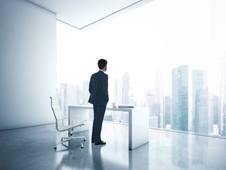 Businessman looking megalopolis through window