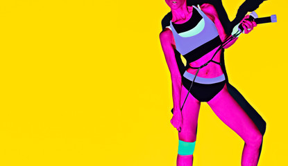 Crazy bright fitness girl. Sports fashion accessories