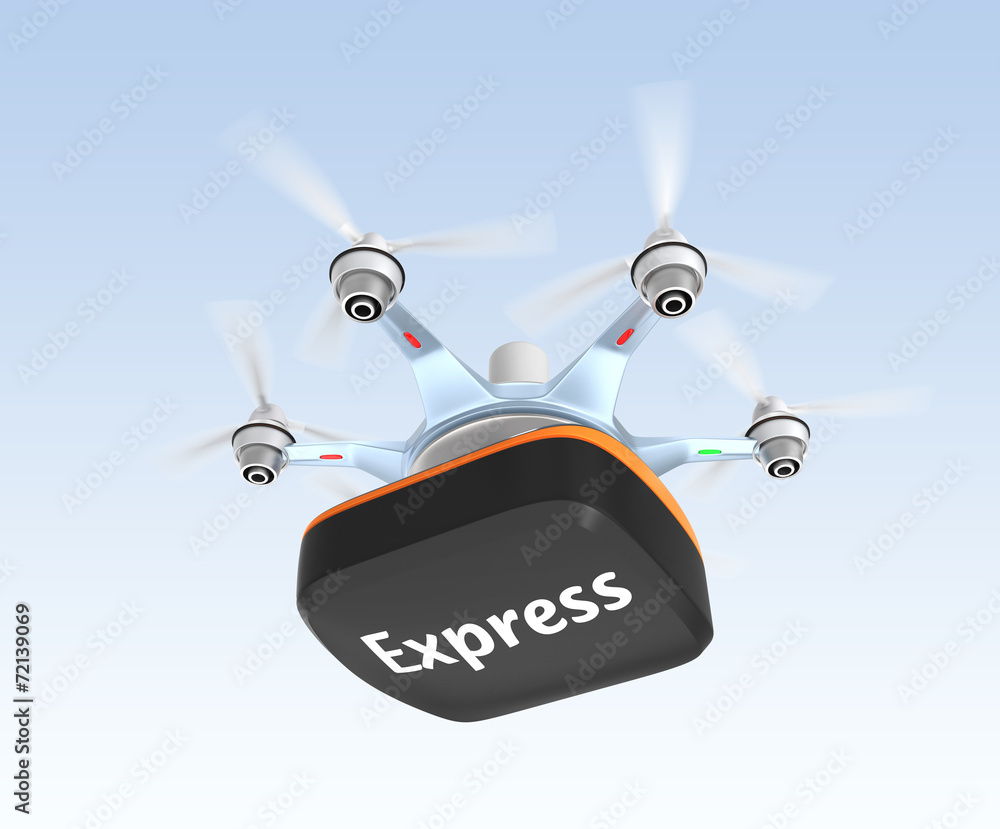 Poster drone mounted with compact container for fast delivery concept