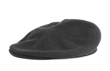 Black woven beret flat-crowned hat isolated