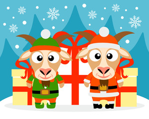 Happy New Year card with goat santa claus and goat elf vector