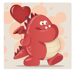 Illustration of cute red monsters with balloon