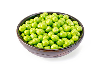Green peas in brown bowl