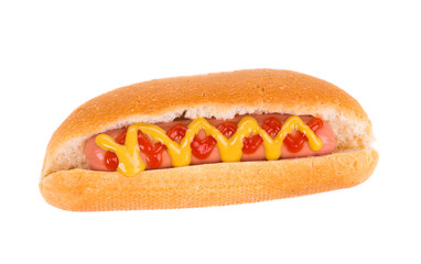 Tasty hot dog with mustard and ketchup.