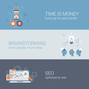 Business time is money brainstorming SEO flat web template