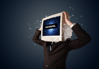 Man with a monitor head, no signal sign on the display