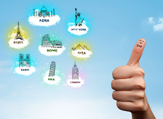 Cheerful finger smileys with sightseeing landmarks icons
