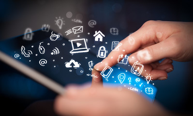 Finger pointing on tablet pc, social media concept