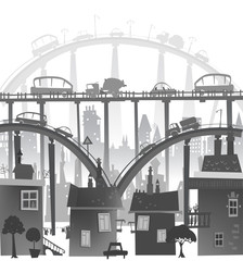 City roads and motorways with lots of traffic. Commuting time