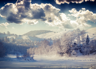 Beautiful winter landscape in the mountain village.