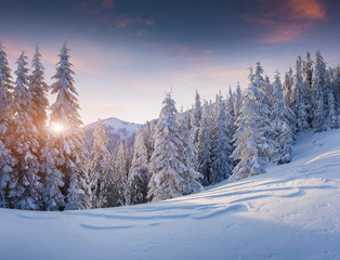 Beautiful winter sunrise in the mountains.