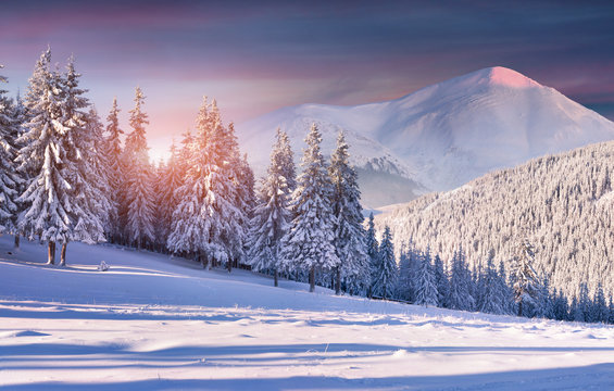 Colorful winter sunrise in the snowy mountains