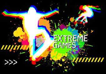 extreme sports skateboarder show on splatter color background