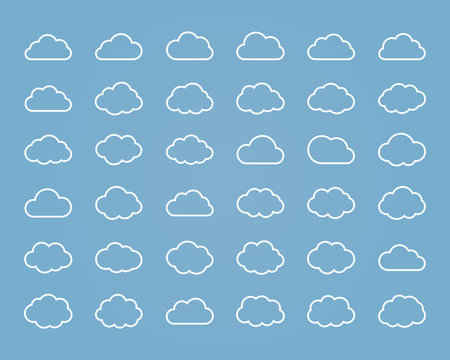 Big vector set of thirty-six white line cloud  shapes