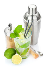 Fresh mojito cocktail and bar utensils