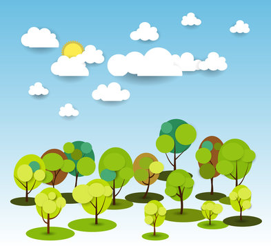 Paper spring tree with sun and white cloud