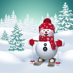 3d funny snowman skiing, winter nature background