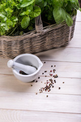 mortar and pestle - herbs and spices, fresh basil and parsley