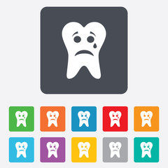 Tooth sad face with tear sign icon. Aching tooth