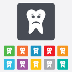Tooth sad face sign icon. Aching tooth symbol.