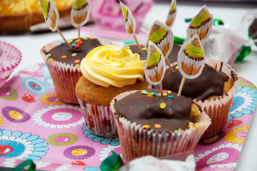 colorful cakes on a colored tray