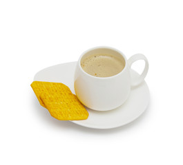Coffee cup and saucer on a white background.