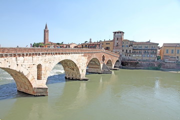Naklejka premium Ponte Pietra Bridge over the Etsch-River Verona Veneto Italy
