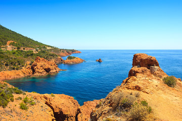 Esterel rocks beach coast and sea. Cote Azur, Provence, France.