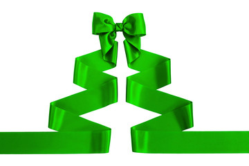 Green satin ribbon with bow shaped as a Christmas tree,