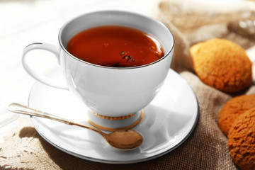 Cup of tea on table, close up
