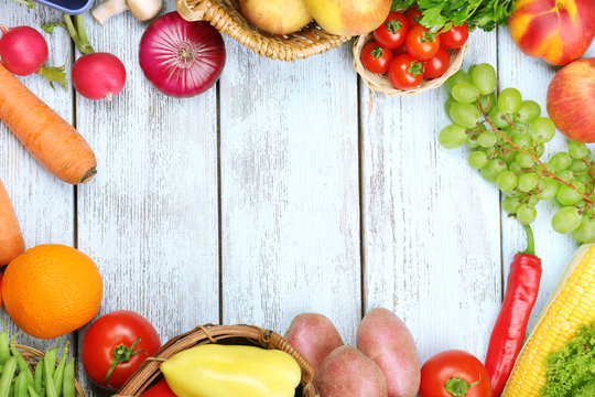 Summer Frame With Fresh Organic Vegetables And Fruits