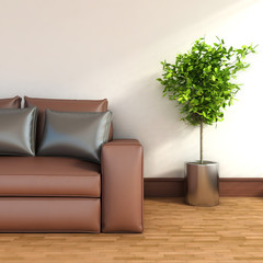 Modern interior with sofa and plant. 3D Illustration