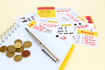 Set of cut coupons for shopping to save money