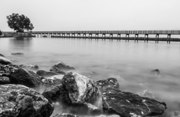Naklejka premium Czarno-białe zdjęcie drewnianego mostu wzdłuż plaży