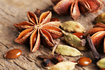 Stars anise with cardamom and carnation on wooden background