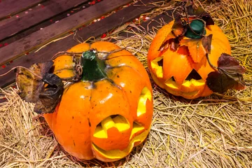 Foto op Plexiglas Jack o lanterns Halloween pumpkin face. © moccabunny