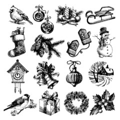 Obraz premium Hand drawn sketch Merry Christmas and Happy New Year set.