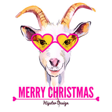 Merry Christmas card with watercolor portrait of hipster goat.
