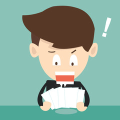 businessman is surprised by reading the paper sheets