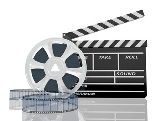 3d illustration of cinema clap and film reel